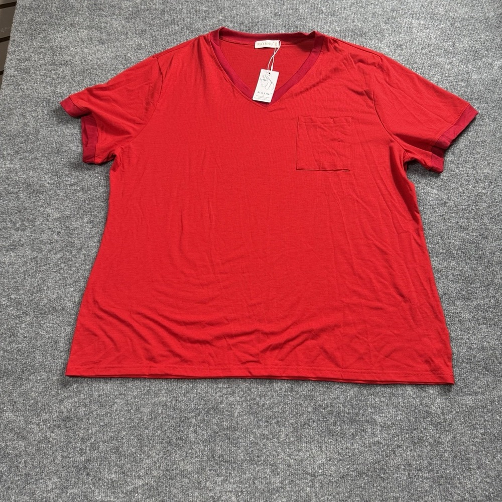 Moshu NWT Red V Neck Short Sleeve Pocket TShirt Satin Trim Top Casual Comfort 2X